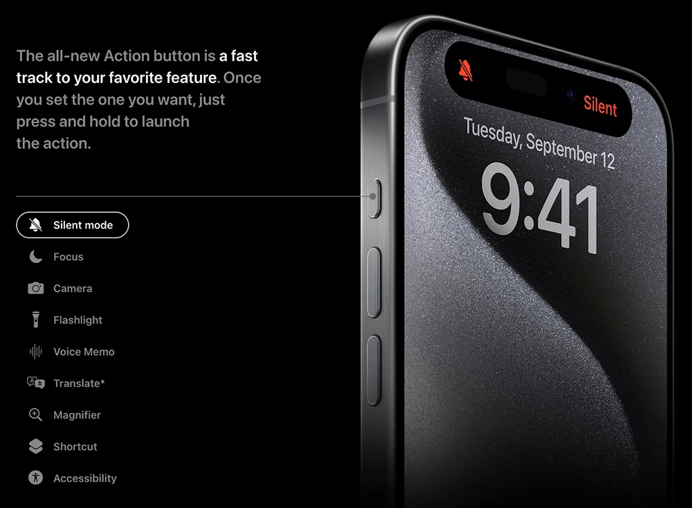 Nút Action hỗ trợ 9 chức năng hứa hẹn sẽ là lợi điểm thu hút khách hàng đặt mua iPhone 15 Pro Max
